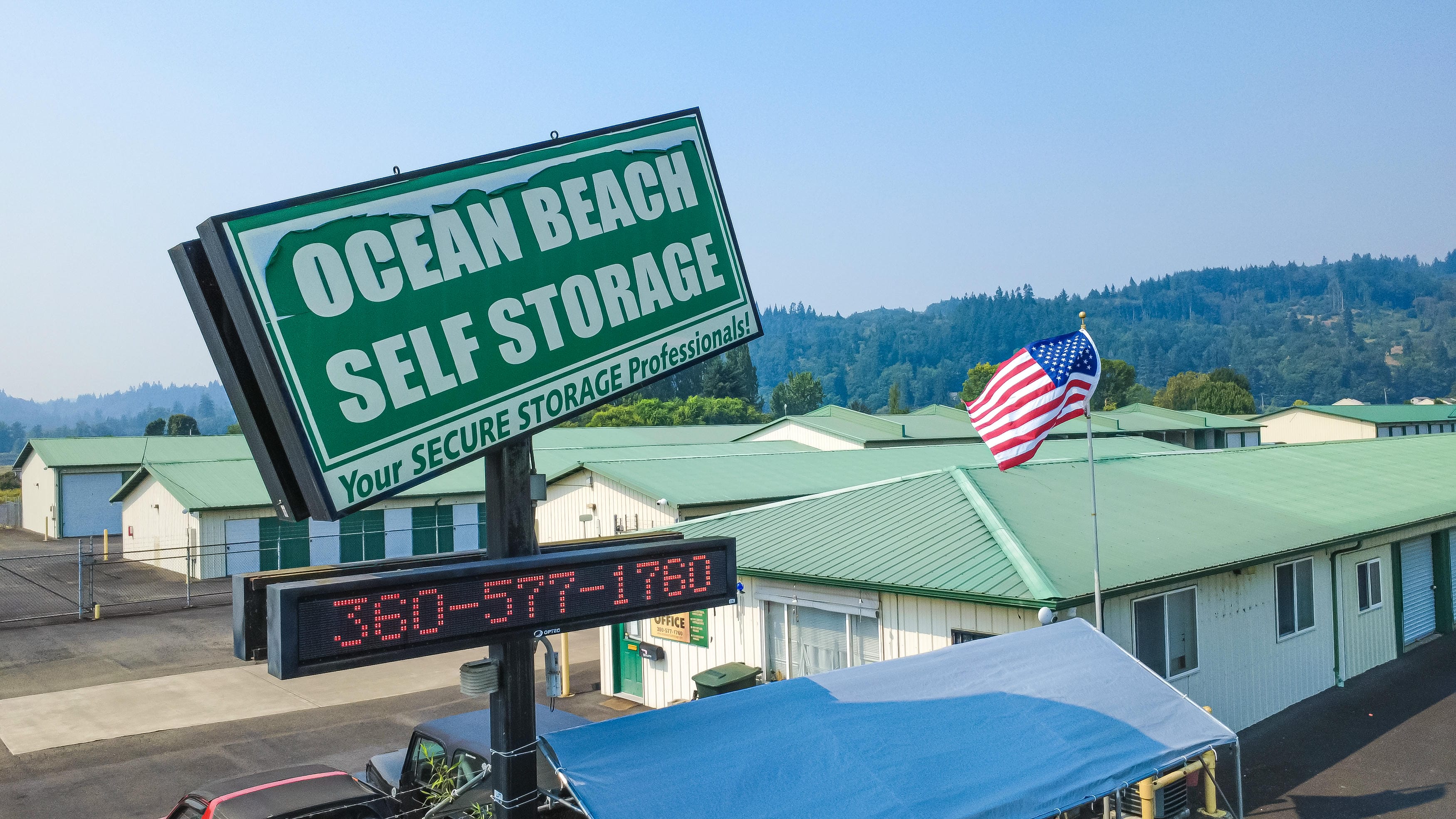 Ocean Beach Self Storage roadside sign on Ocean Beach Hwy